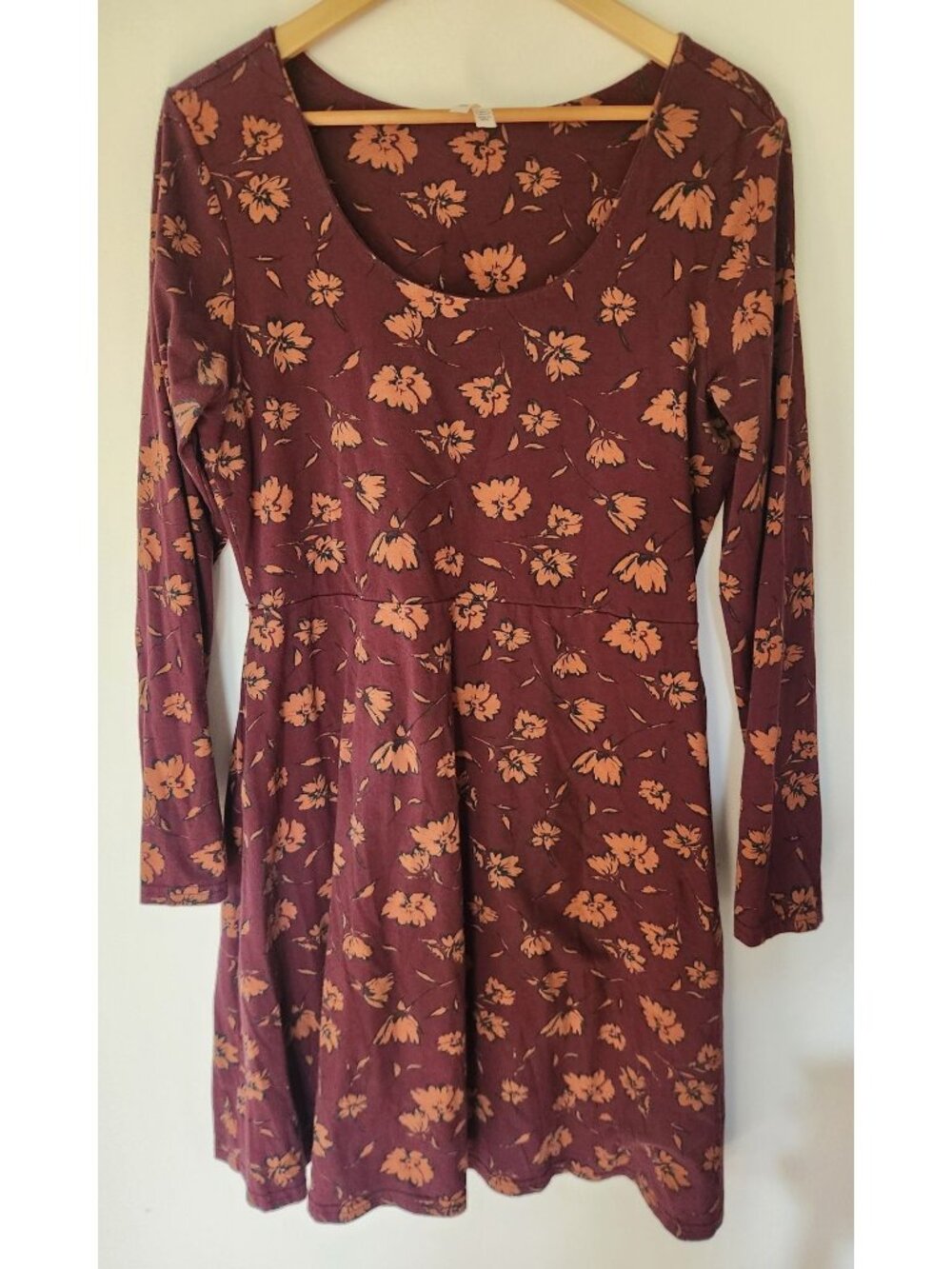 Pact Women's Sz. XL Organic Cotton Maroon Floral Long Sleeve Dress